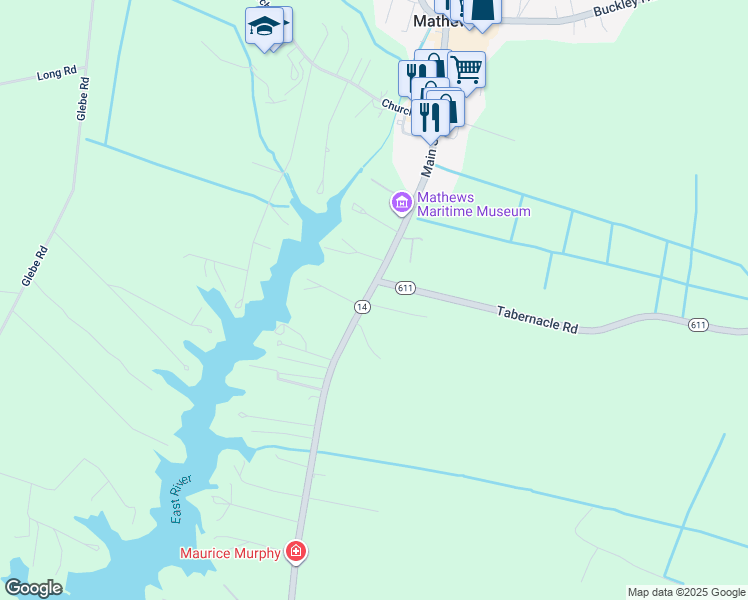 map of restaurants, bars, coffee shops, grocery stores, and more near 596 Main Street in Mathews