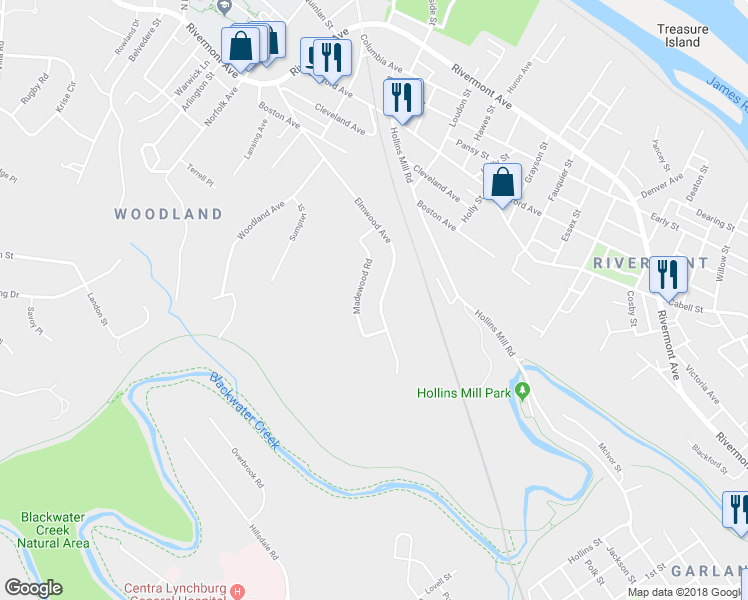 map of restaurants, bars, coffee shops, grocery stores, and more near 547 Elmwood Avenue in Lynchburg