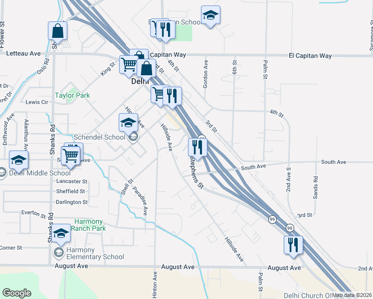 map of restaurants, bars, coffee shops, grocery stores, and more near 15899 Shell Street in Delhi