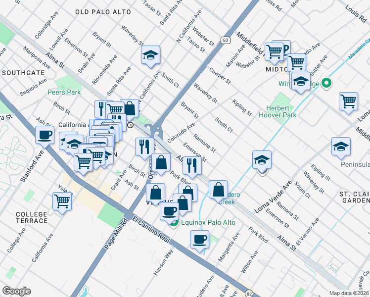 map of restaurants, bars, coffee shops, grocery stores, and more near 2590 Emerson Street in Palo Alto