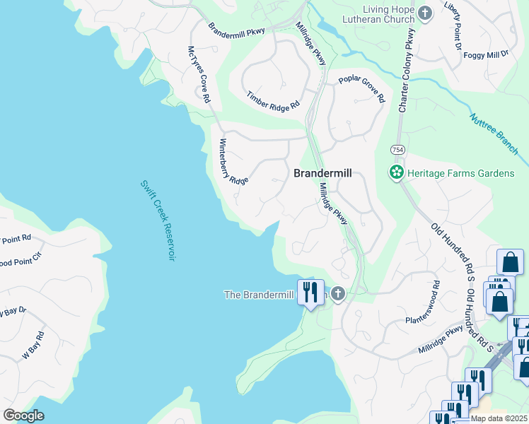 map of restaurants, bars, coffee shops, grocery stores, and more near 13719 Hickory Nut Point in Midlothian