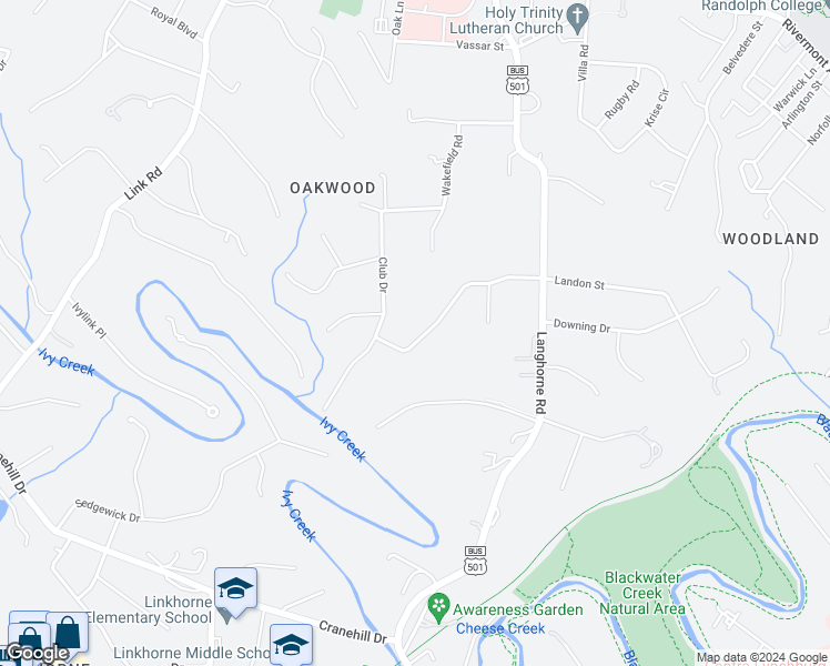 map of restaurants, bars, coffee shops, grocery stores, and more near 3440 Landon Street in Lynchburg