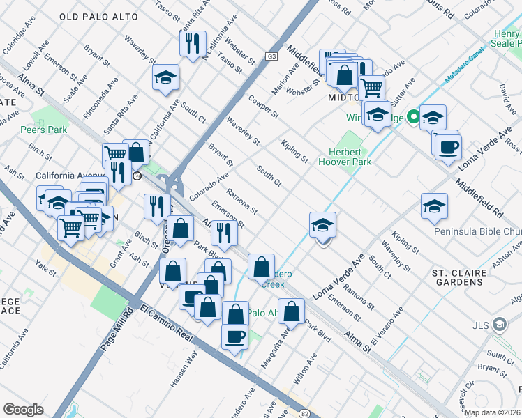 map of restaurants, bars, coffee shops, grocery stores, and more near 2700 Bryant Street in Palo Alto