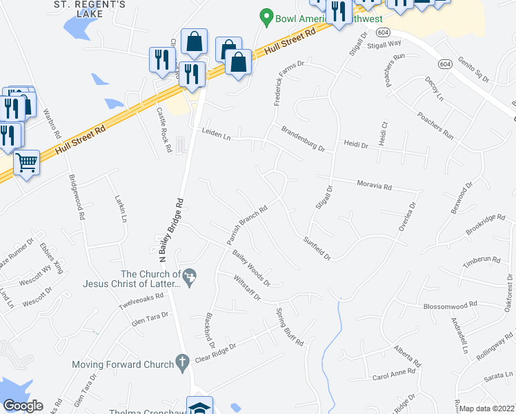 map of restaurants, bars, coffee shops, grocery stores, and more near 11600 Bailey Mountain Trail in Midlothian