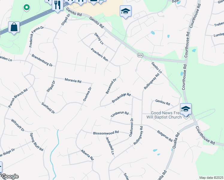 map of restaurants, bars, coffee shops, grocery stores, and more near 10618 Bexwood Court in Chesterfield