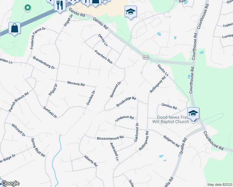 map of restaurants, bars, coffee shops, grocery stores, and more near 10618 Bexwood Court in Chesterfield