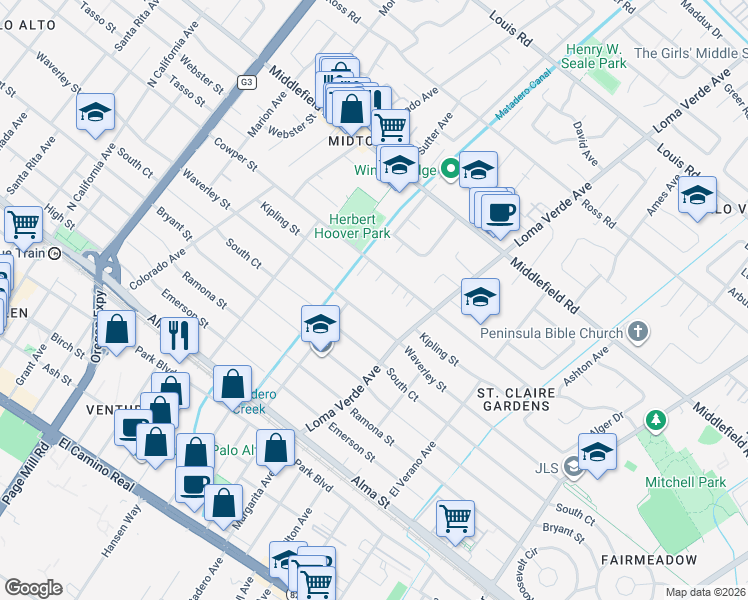 map of restaurants, bars, coffee shops, grocery stores, and more near 3079 Waverley Street in Palo Alto