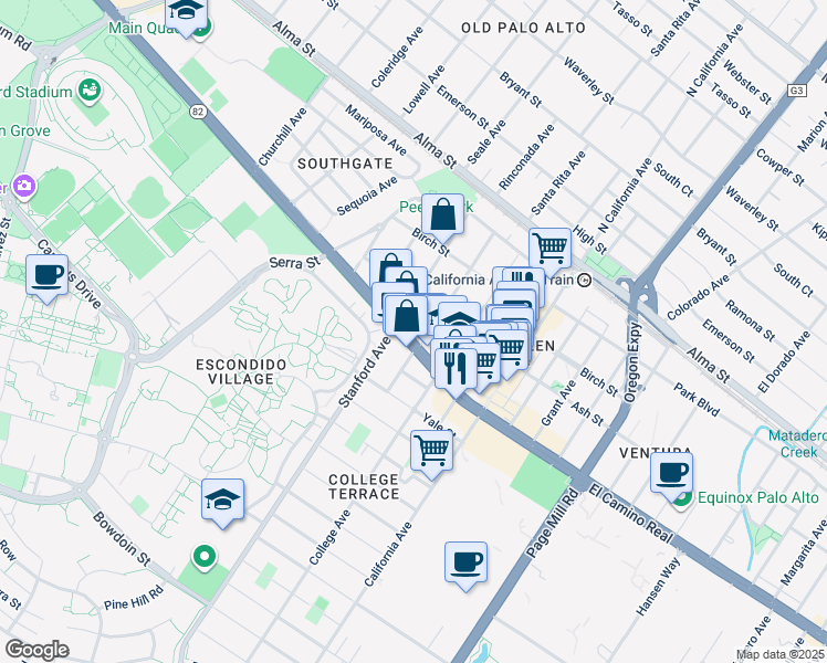 map of restaurants, bars, coffee shops, grocery stores, and more near 416 Oxford Avenue in Palo Alto