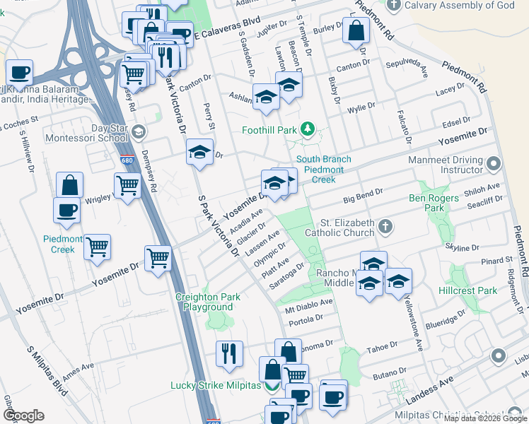 map of restaurants, bars, coffee shops, grocery stores, and more near 1445 Acadia Avenue in Milpitas