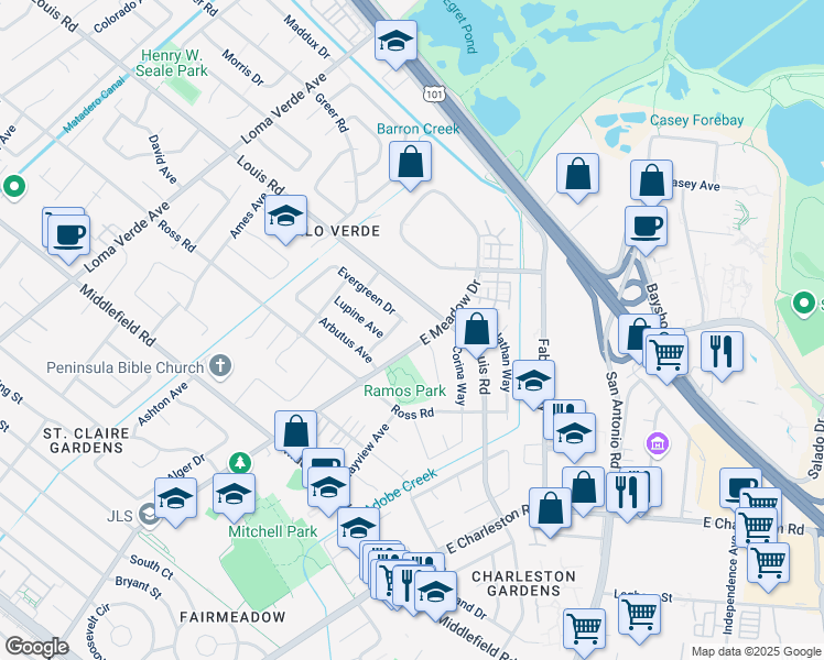 map of restaurants, bars, coffee shops, grocery stores, and more near 3674 Louis Road in Palo Alto
