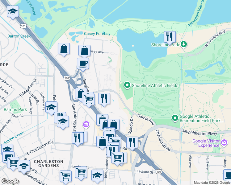 map of restaurants, bars, coffee shops, grocery stores, and more near 2526 Garcia Avenue in Mountain View