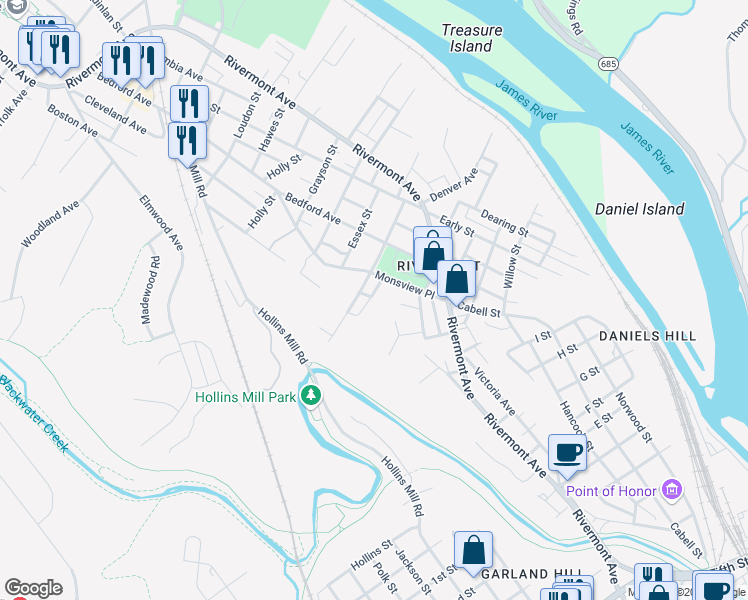 map of restaurants, bars, coffee shops, grocery stores, and more near 1500 Esmond Street in Lynchburg