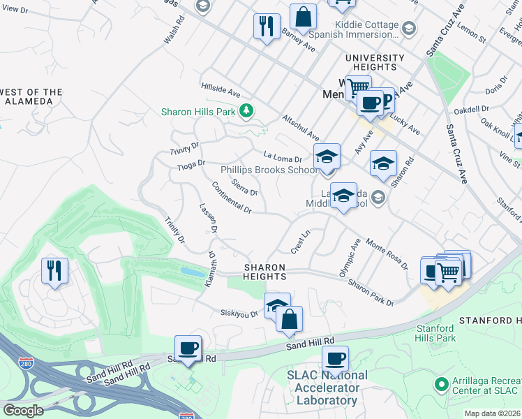map of restaurants, bars, coffee shops, grocery stores, and more near 940 Continental Drive in Menlo Park