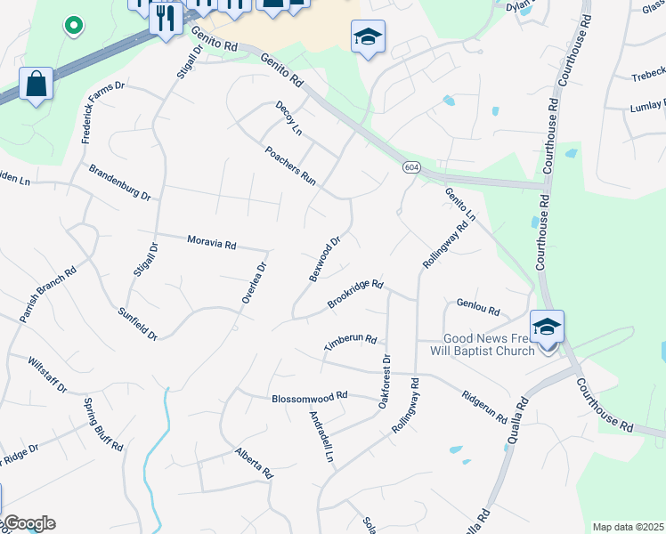 map of restaurants, bars, coffee shops, grocery stores, and more near 10612 Bexwood Court in Chesterfield