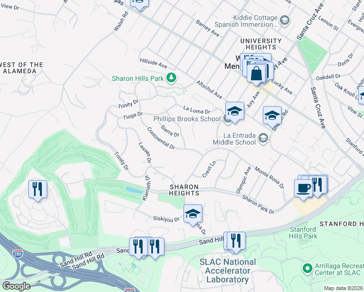 map of restaurants, bars, coffee shops, grocery stores, and more near 940 Continental Drive in Menlo Park