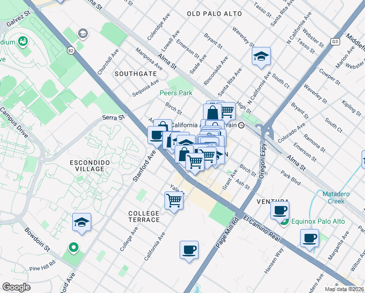 map of restaurants, bars, coffee shops, grocery stores, and more near 390 College Avenue in Palo Alto