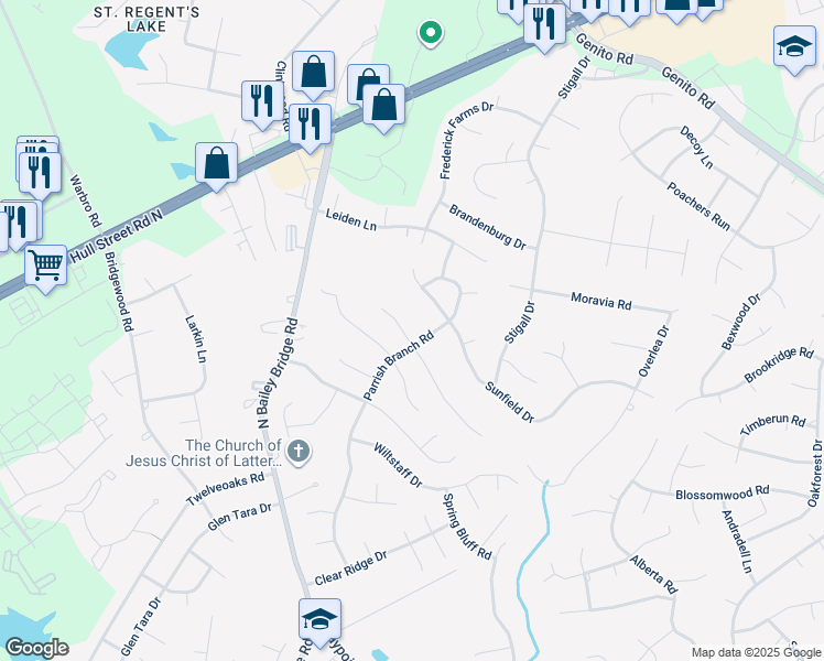 map of restaurants, bars, coffee shops, grocery stores, and more near 11606 Bailey Mountain Trail in Midlothian
