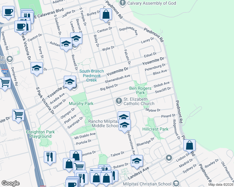 map of restaurants, bars, coffee shops, grocery stores, and more near 1834 Crater Lake Avenue in Milpitas