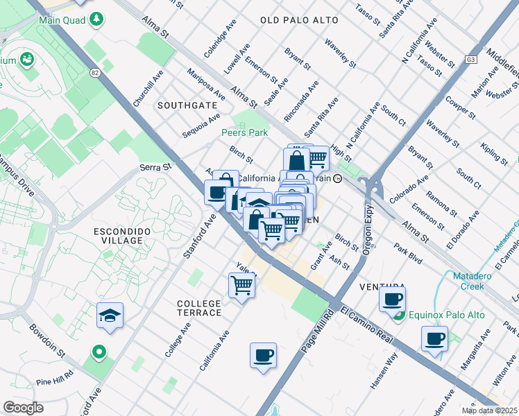 map of restaurants, bars, coffee shops, grocery stores, and more near 2164 Ash Street in Palo Alto