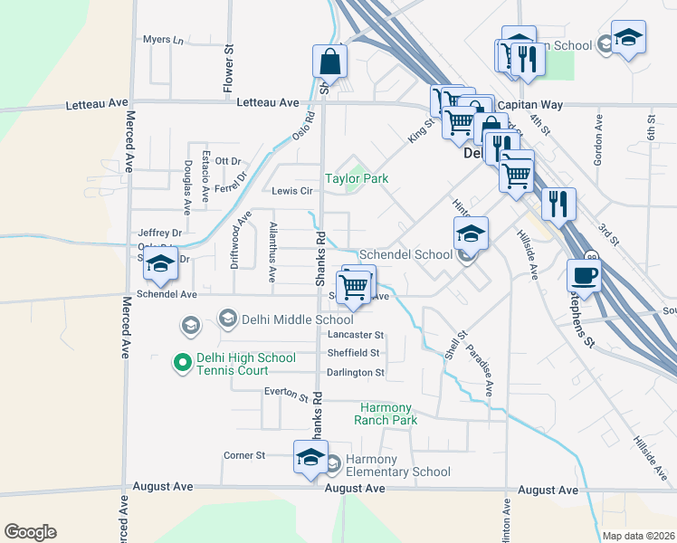 map of restaurants, bars, coffee shops, grocery stores, and more near 16418 Dogwood Court in Delhi