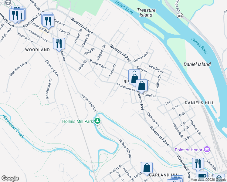 map of restaurants, bars, coffee shops, grocery stores, and more near 1502-1506 Esmond Street in Lynchburg