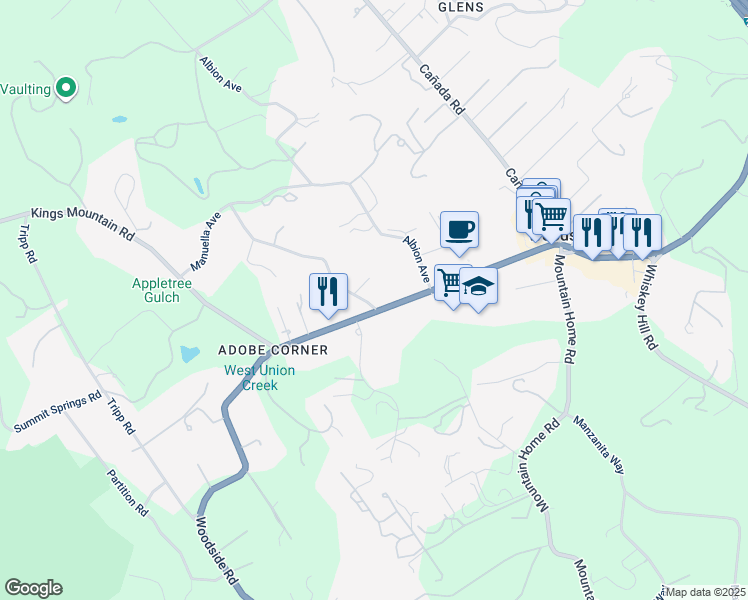 map of restaurants, bars, coffee shops, grocery stores, and more near 120 Miramontes Road in Woodside