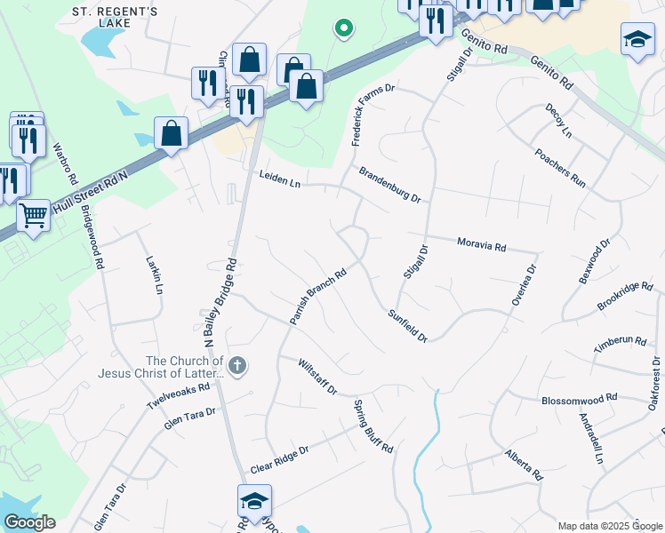 map of restaurants, bars, coffee shops, grocery stores, and more near 11606 Bailey Mountain Trail in Midlothian