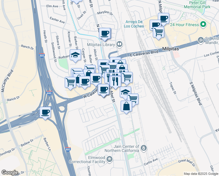 map of restaurants, bars, coffee shops, grocery stores, and more near Serra Way in Milpitas