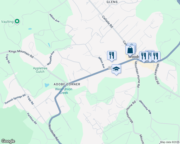 map of restaurants, bars, coffee shops, grocery stores, and more near 120 Miramontes Road in Woodside
