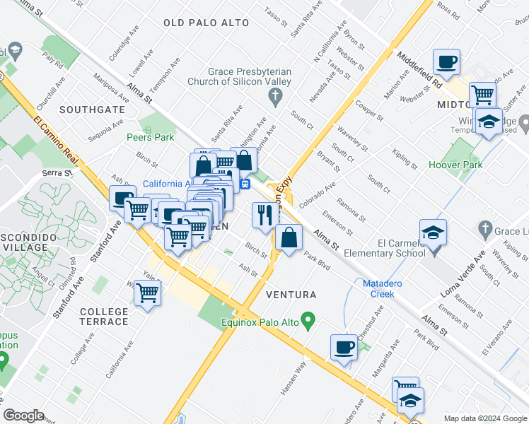 map of restaurants, bars, coffee shops, grocery stores, and more near 2577 Park Boulevard in Palo Alto