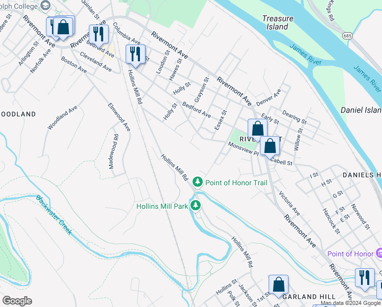 map of restaurants, bars, coffee shops, grocery stores, and more near 817 Fauquier Street in Lynchburg