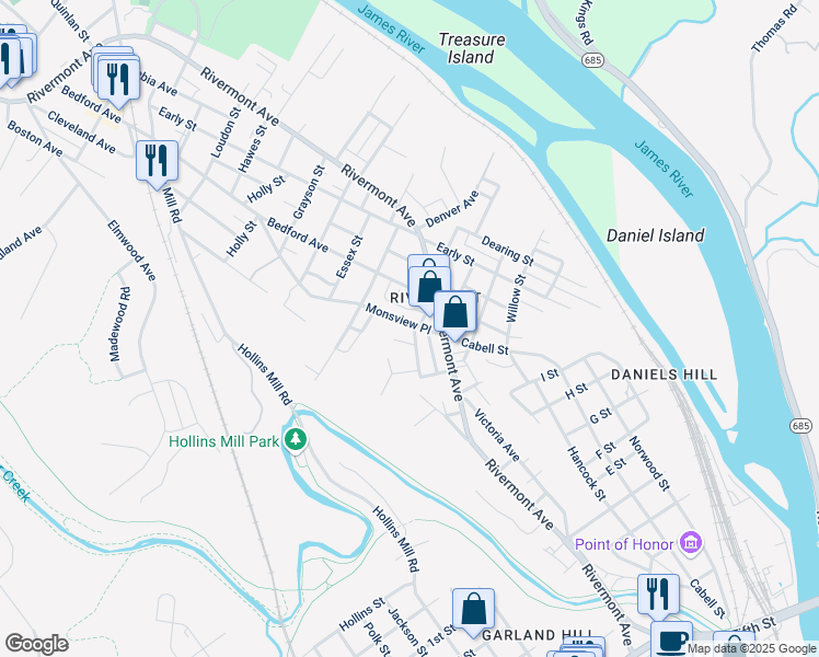 map of restaurants, bars, coffee shops, grocery stores, and more near 1301 Monsview Place in Lynchburg