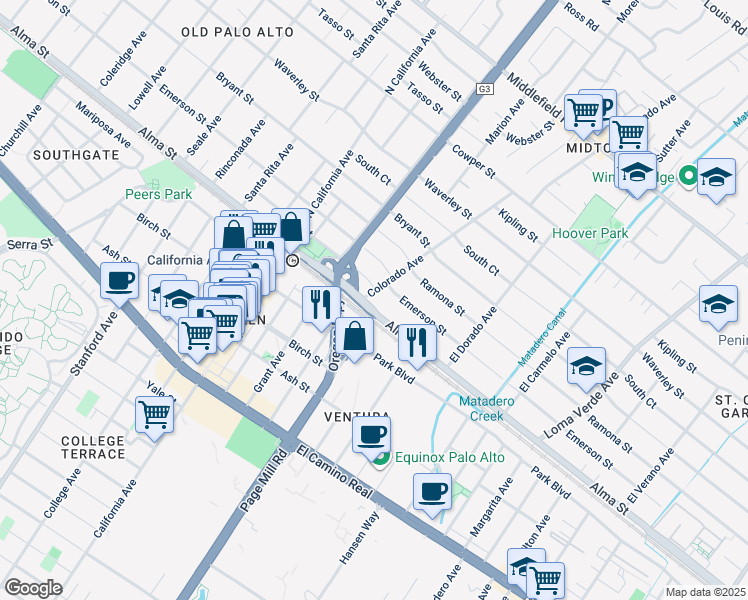 map of restaurants, bars, coffee shops, grocery stores, and more near 116 Colorado Avenue in Palo Alto