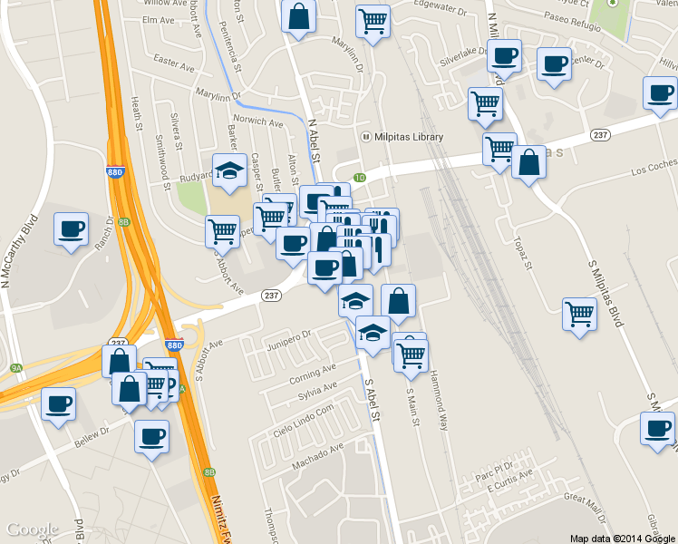 map of restaurants, bars, coffee shops, grocery stores, and more near Serra Way in Milpitas
