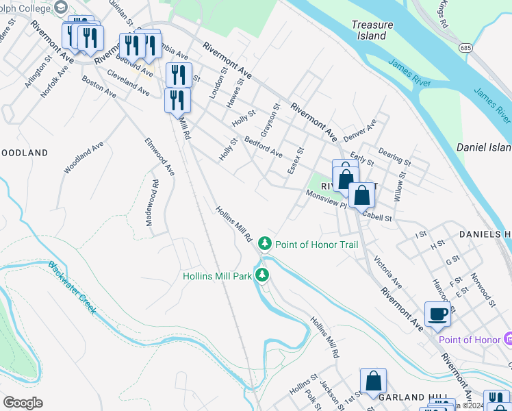 map of restaurants, bars, coffee shops, grocery stores, and more near 817 Fauquier Street in Lynchburg