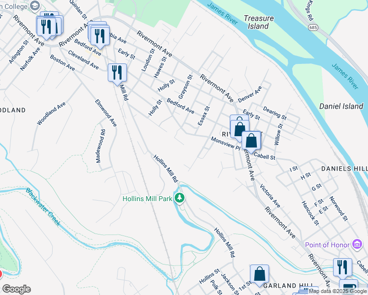 map of restaurants, bars, coffee shops, grocery stores, and more near 1501 Boston Avenue in Lynchburg
