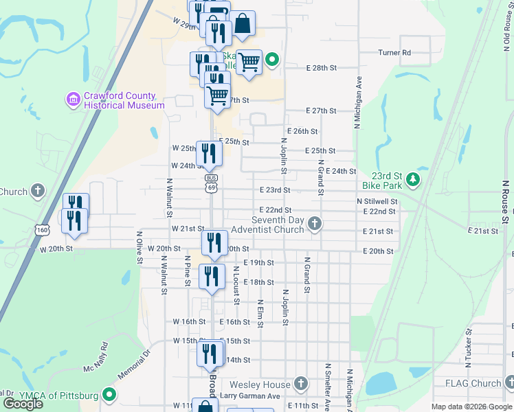 map of restaurants, bars, coffee shops, grocery stores, and more near 201 East 22nd Street in Pittsburg