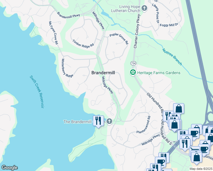 map of restaurants, bars, coffee shops, grocery stores, and more near Brandermill Trails in Midlothian