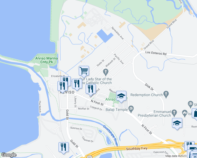 map of restaurants, bars, coffee shops, grocery stores, and more near 1330 Michigan Avenue in San Jose