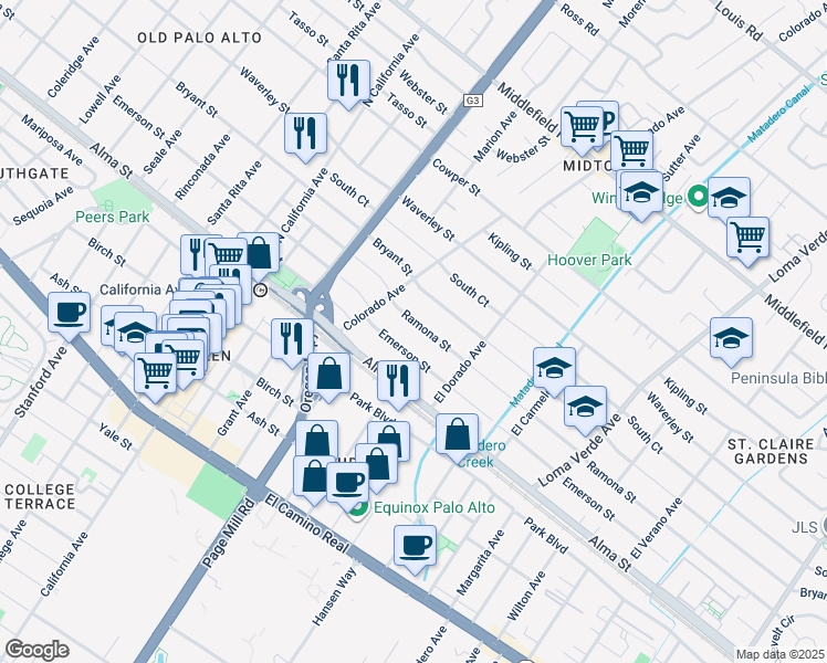 map of restaurants, bars, coffee shops, grocery stores, and more near 2608 Ramona Street in Palo Alto
