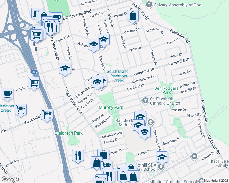 map of restaurants, bars, coffee shops, grocery stores, and more near 1601 Big Bend Drive in Milpitas