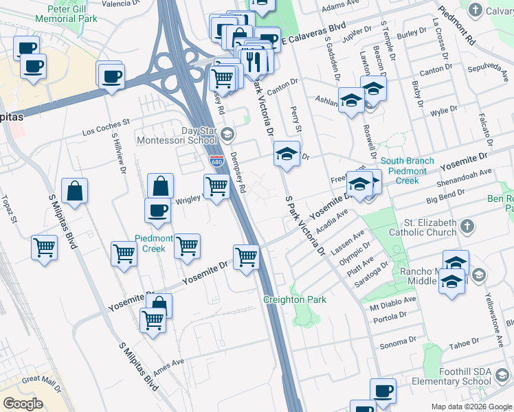 map of restaurants, bars, coffee shops, grocery stores, and more near 424 Dempsey Road in Milpitas