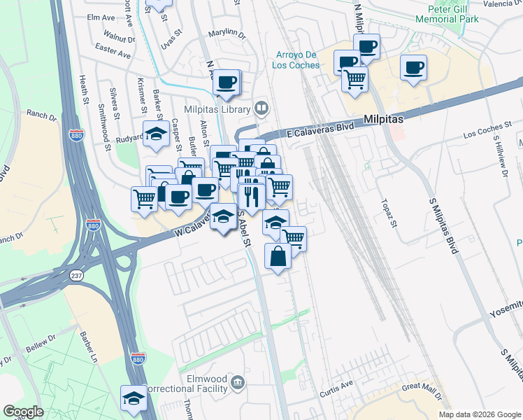 map of restaurants, bars, coffee shops, grocery stores, and more near 150 South Main Street in Milpitas