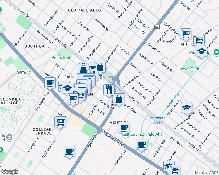 map of restaurants, bars, coffee shops, grocery stores, and more near 2577 Park Boulevard in Palo Alto