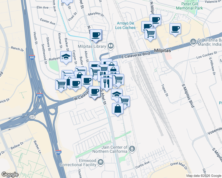 map of restaurants, bars, coffee shops, grocery stores, and more near 150 South Main Street in Milpitas