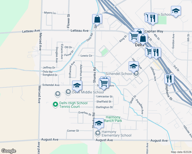 map of restaurants, bars, coffee shops, grocery stores, and more near 16481 Dogwood Court in Delhi