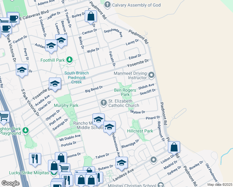 map of restaurants, bars, coffee shops, grocery stores, and more near 1933 Everglades Drive in Milpitas
