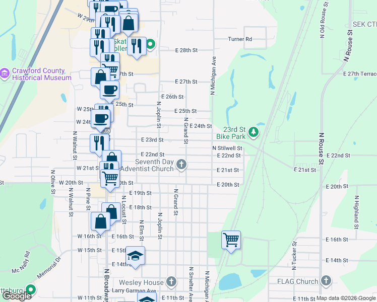 map of restaurants, bars, coffee shops, grocery stores, and more near 503 East 22nd Street in Pittsburg
