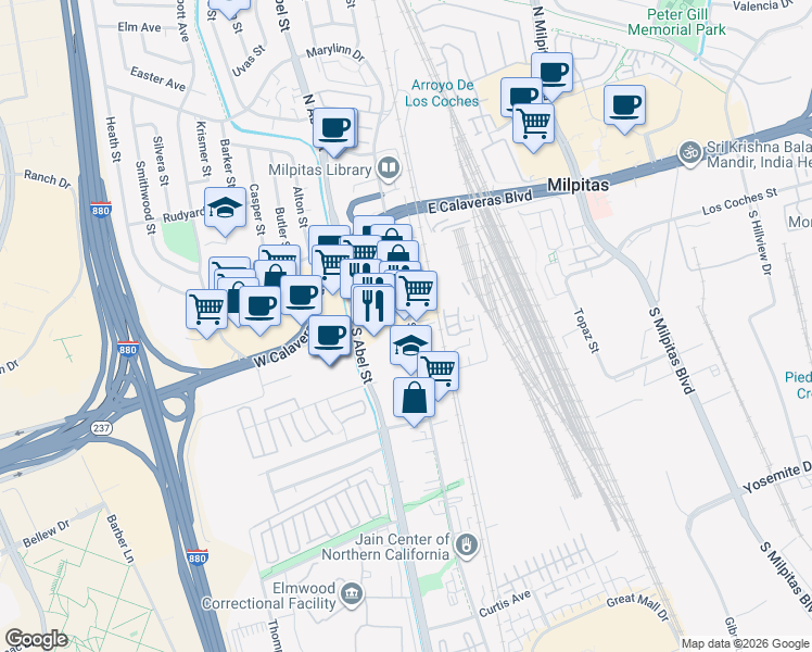 map of restaurants, bars, coffee shops, grocery stores, and more near 187 South Main Street in Milpitas