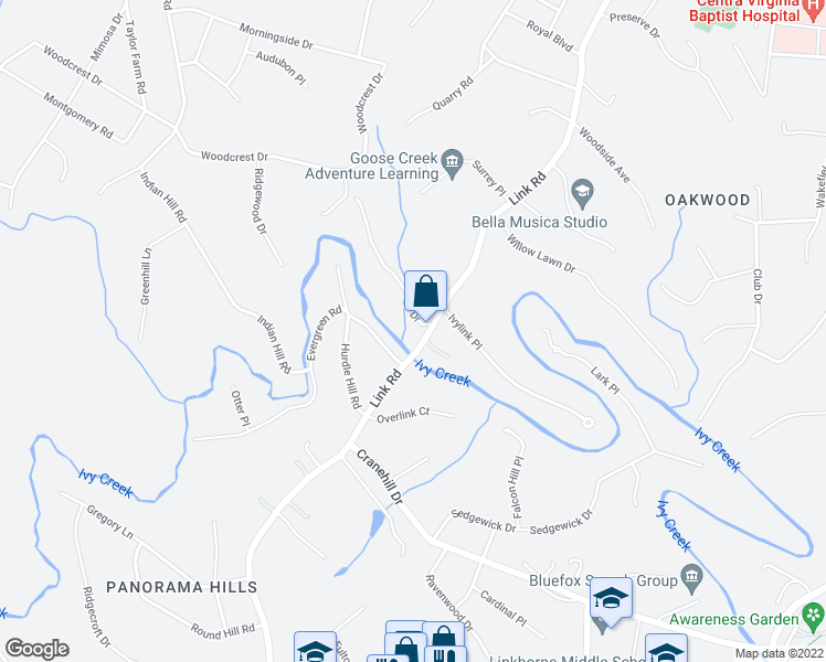 map of restaurants, bars, coffee shops, grocery stores, and more near 2601 Link Road in Lynchburg